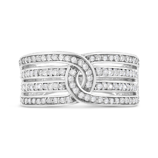 White metal ring with multiple rows of white round gemstones in a shared prong setting, shown from the front angle.
