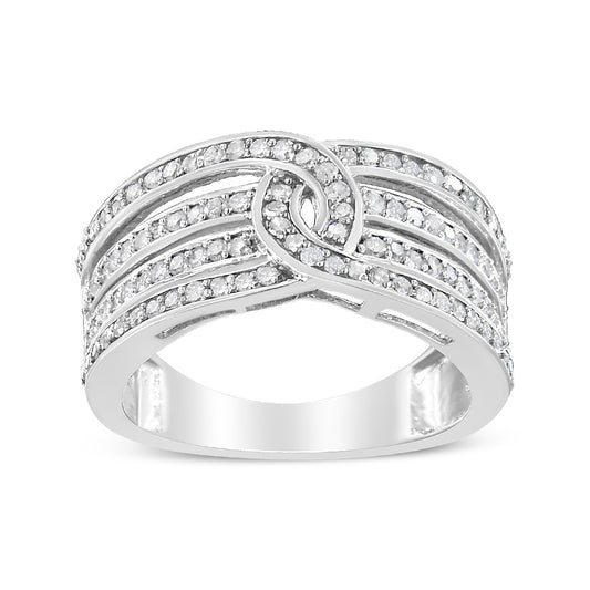 White metal ring with intertwined triple bands studded with round white gemstones in shared prong settings, photographed from the front angle.