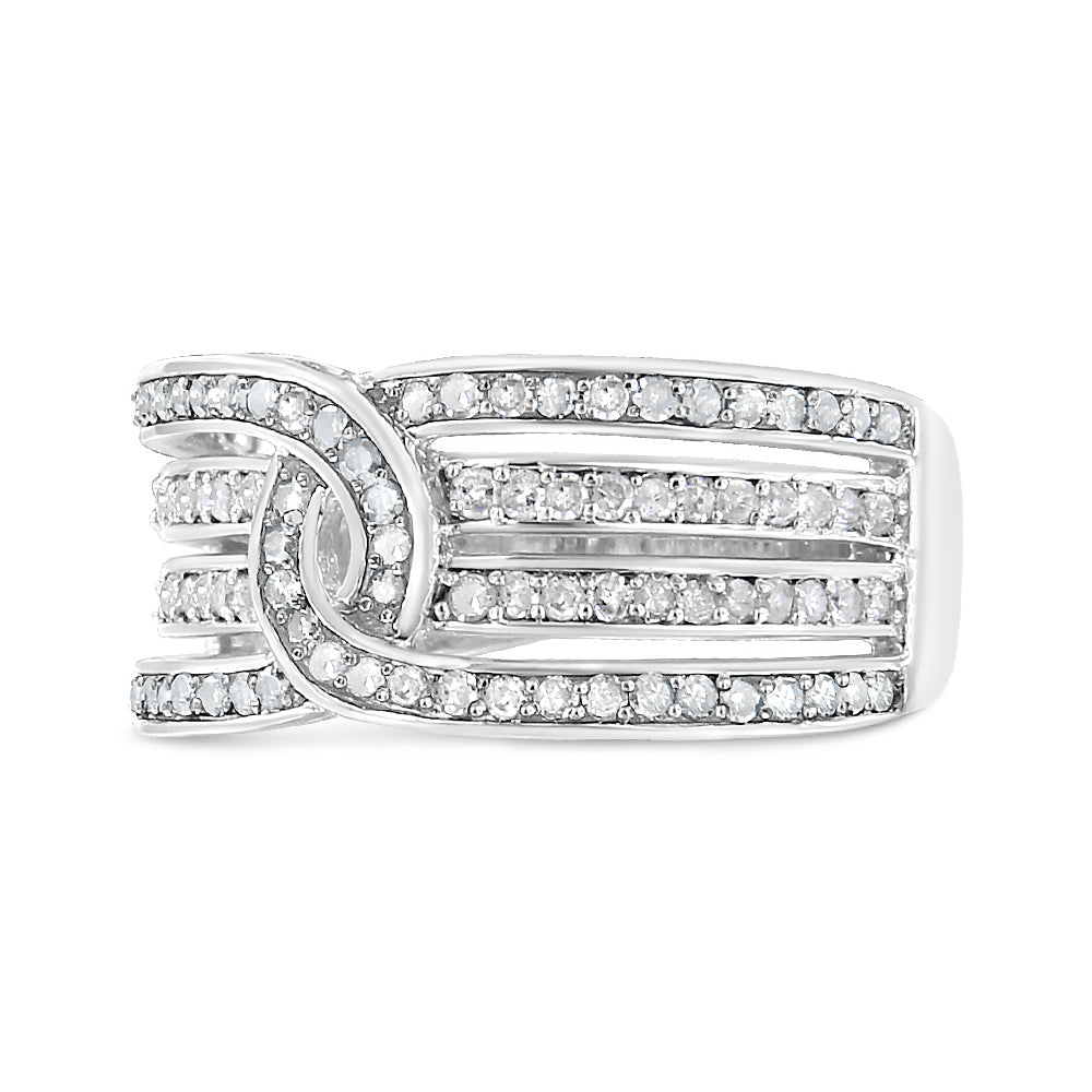 Close-up front angle of a white ring featuring multiple rows of round white gemstones in a shared prong setting forming a knot design.