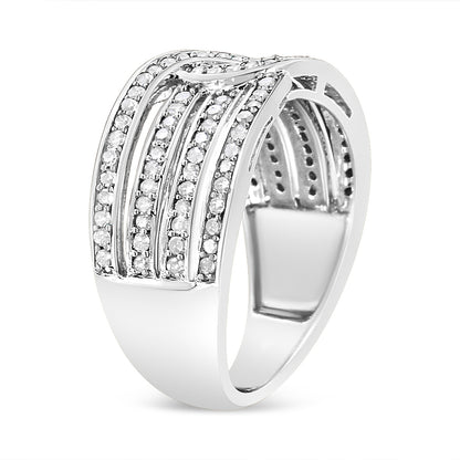 White metal ring with multiple rows of round white gemstones in a shared prong setting, shown at an angled side view.