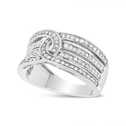White jewelry ring with multiple rows of round white gemstones in a shared prong setting form an intricate interlocking loop design, shown in a close-up front angle view.