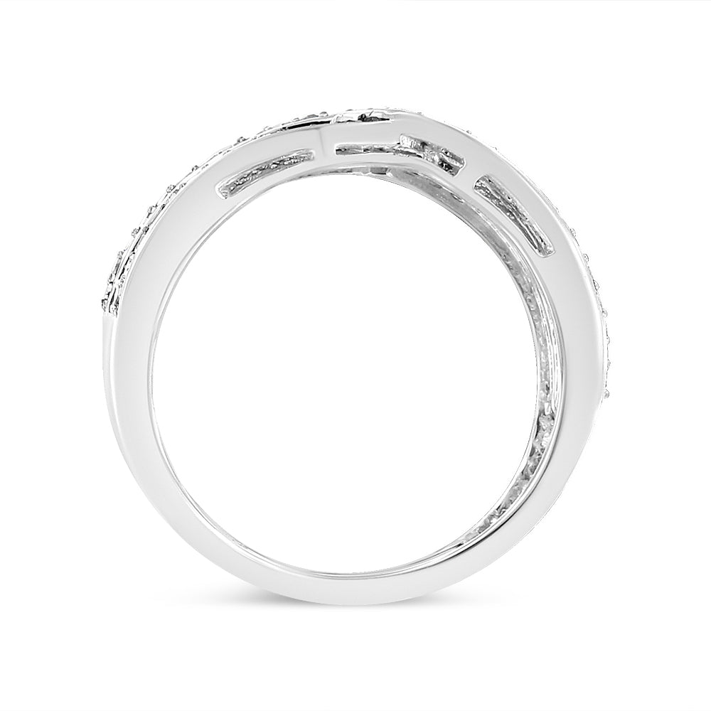 Top-down close-up view of a white metal ring with multiple small round white gemstones set in a shared prong setting around the band.