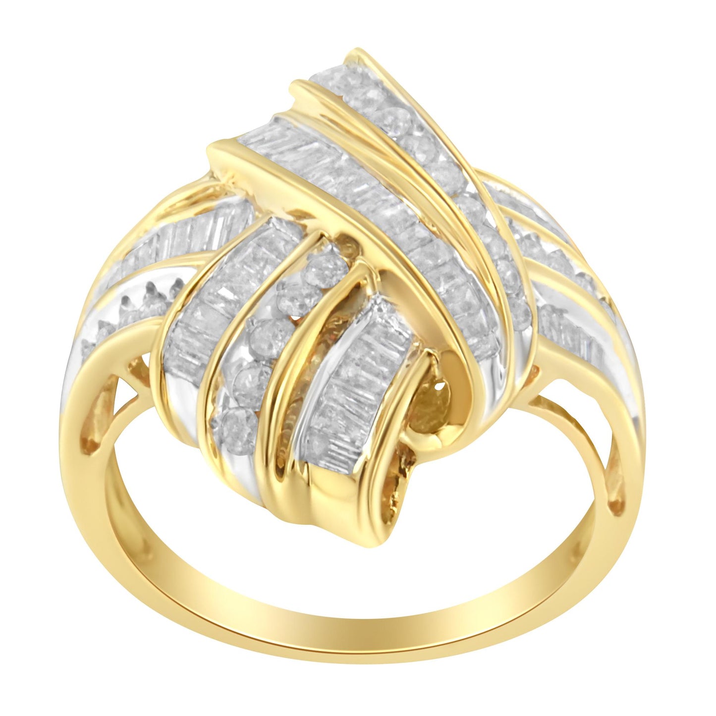 Yellow ring with crisscrossing bands set with white round and baguette gemstones in channel settings, shown from an elevated front angle.