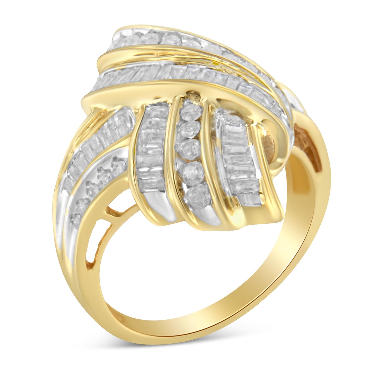 Yellow metal ring with an intricate design featuring channel-set white round and baguette gemstones, shown at a slight angle.
