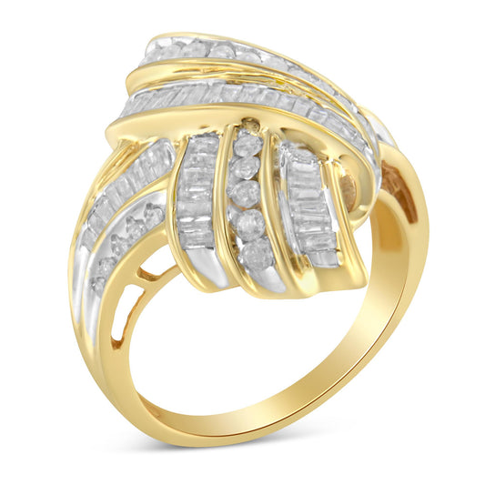 Yellow metal ring with an intricate design featuring channel-set white round and baguette gemstones, shown at a slight angle.