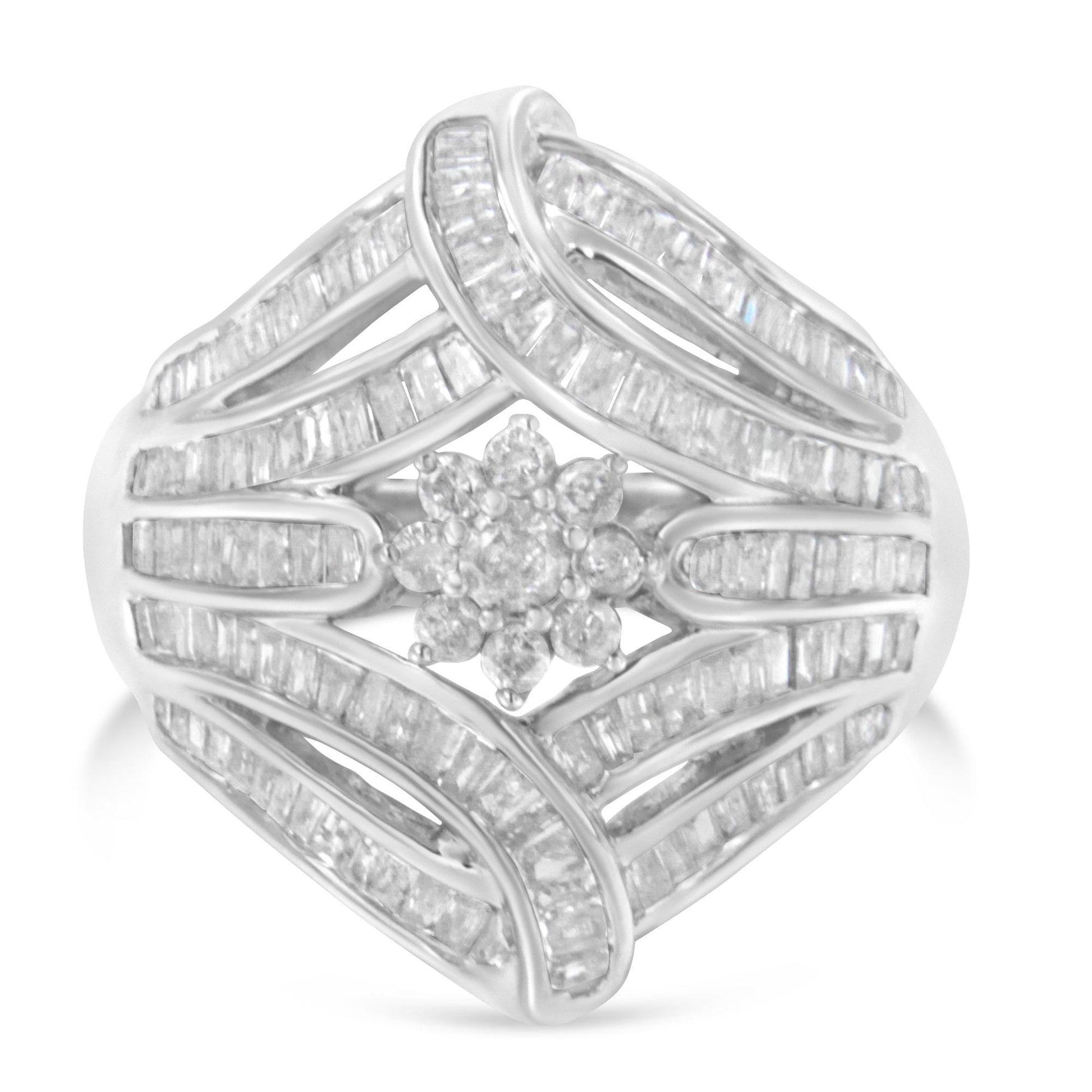 Front angled view of a white metal ring featuring a cluster of round white gemstones in prong settings at the center, surrounded by multiple rows of channel-set baguette white gemstones creating an open geometric design.