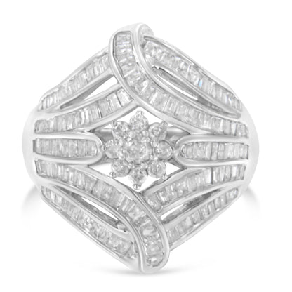 Front angled view of a white metal ring featuring a cluster of round white gemstones in prong settings at the center, surrounded by multiple rows of channel-set baguette white gemstones creating an open geometric design.