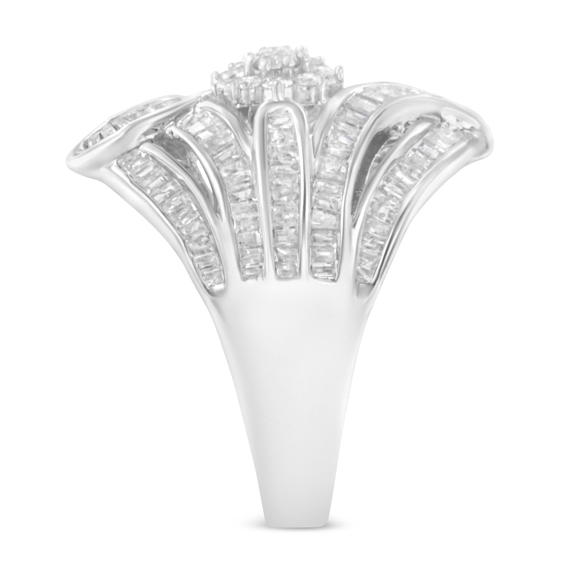 Front angle view of a white metal ring featuring a cluster of round white gemstones in prong settings at the top center, surrounded by multiple curved rows of baguette white gemstones in channel settings.