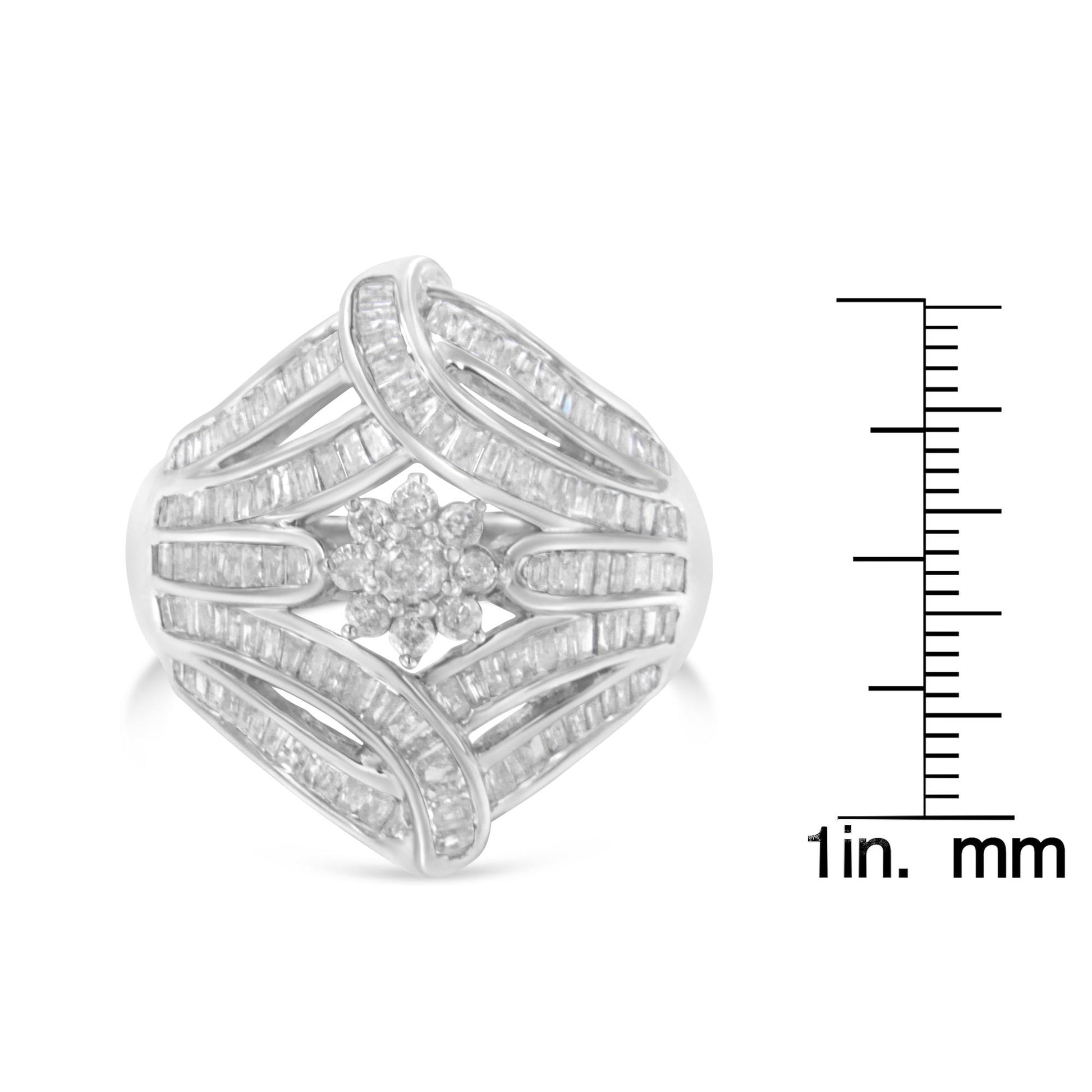 White metal ring with a central cluster of round white gemstones in prong setting, surrounded by curved bands of channel-set baguette white gemstones, shown from a front angled view, placed next to a ruler for size reference.