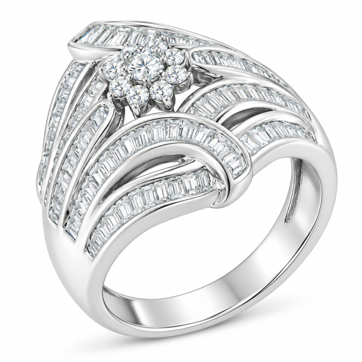 Angled view of Flower & Fern sterling silver ring showcasing a prong-set round diamond flower and channel-set baguette rows on white