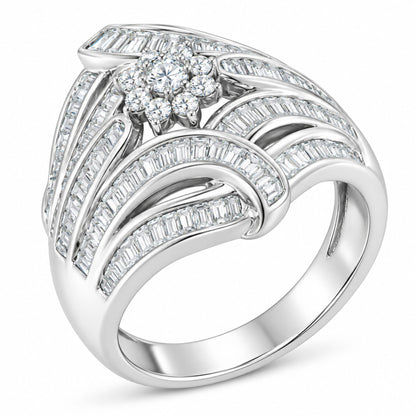 Angled view of Flower & Fern sterling silver ring showcasing a prong-set round diamond flower and channel-set baguette rows on white