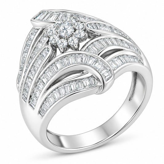 Anillo de cóctel de plata de ley 925 de 1-1/8 quilates con diamantes redondos y baguette 'flor y helecho' (color IJ, claridad I2-I3)