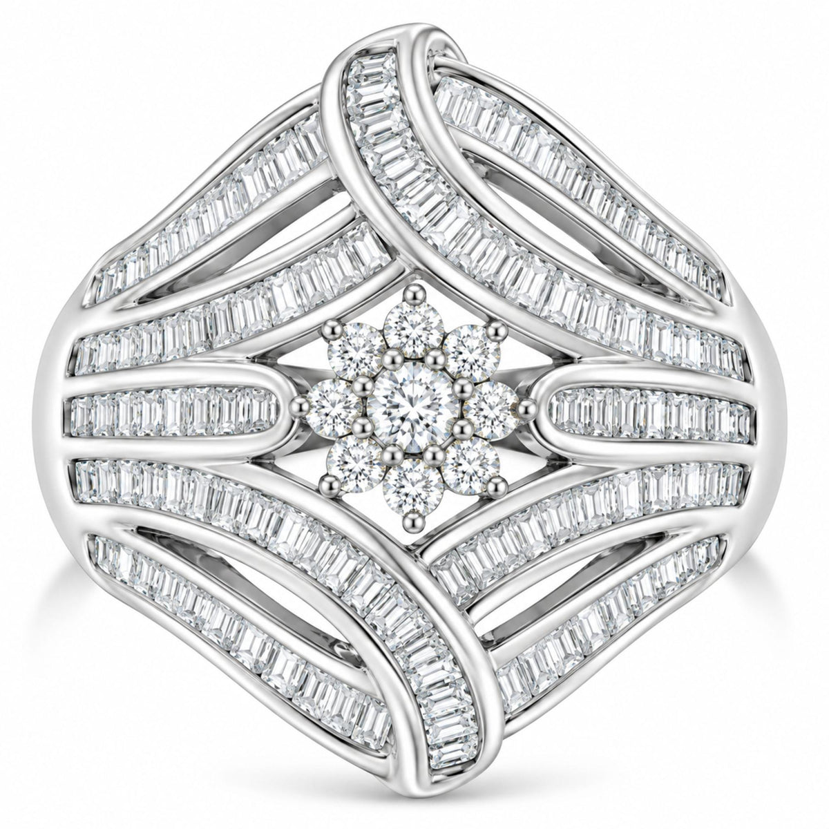 Front view of a .925 sterling silver Flower and Fern cocktail ring showcasing a round and baguette diamond cluster on white