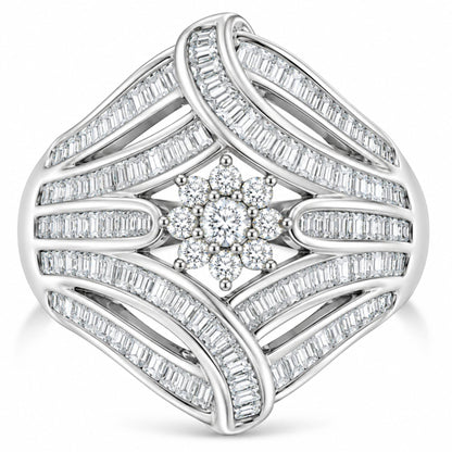 Front view of a .925 sterling silver Flower and Fern cocktail ring showcasing a round and baguette diamond cluster on white