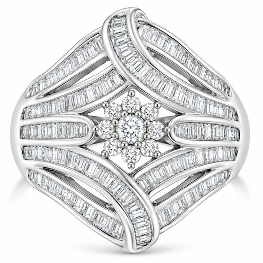 Anillo de cóctel de plata de ley 925 de 1-1/8 quilates con diamantes redondos y baguette 'flor y helecho' (color IJ, claridad I2-I3)