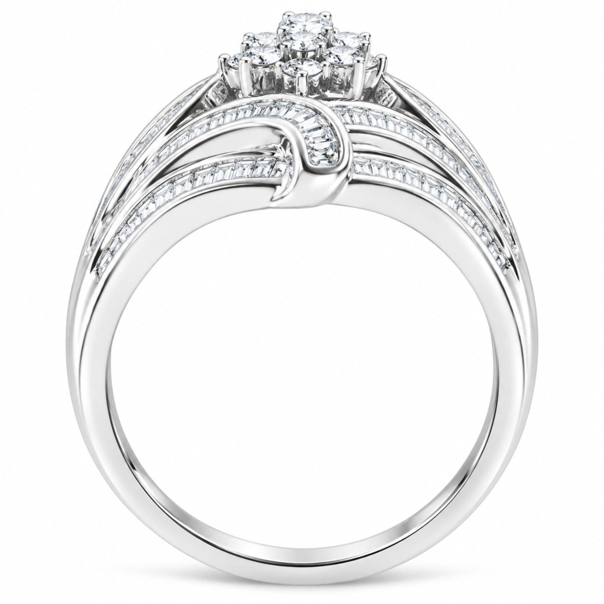 Anillo de cóctel de plata de ley 925 de 1-1/8 quilates con diamantes redondos y baguette 'flor y helecho' (color IJ, claridad I2-I3)