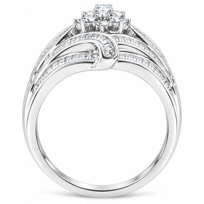 Anillo de cóctel de plata de ley 925 de 1-1/8 quilates con diamantes redondos y baguette 'flor y helecho' (color IJ, claridad I2-I3)