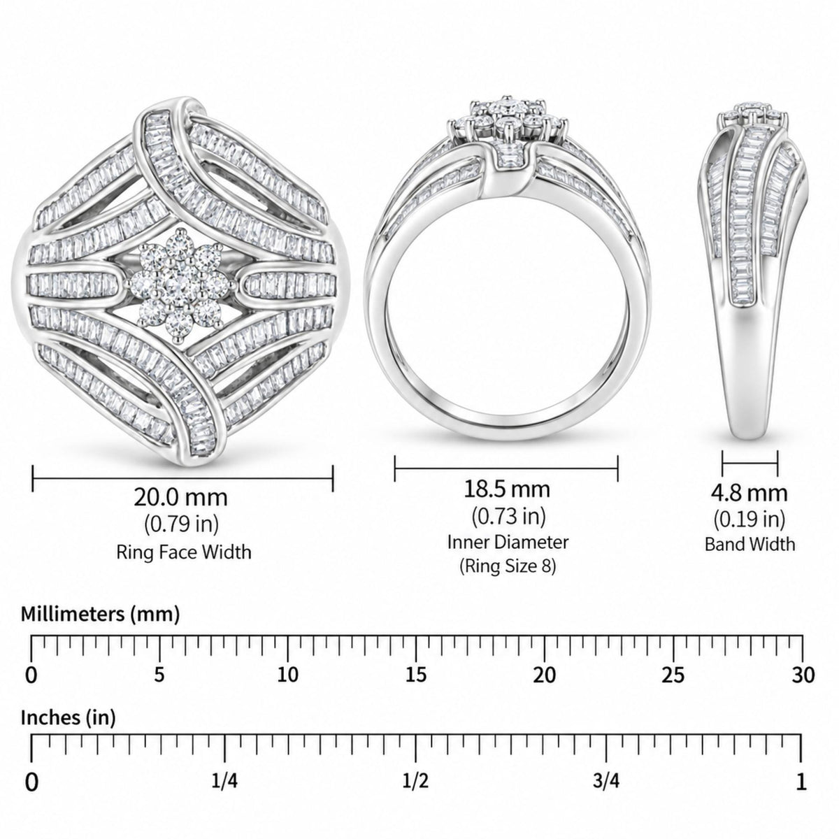 Ring measurement diagram showing 20.0 mm face width, 18.5 mm inner diameter, and 4.8 mm band width