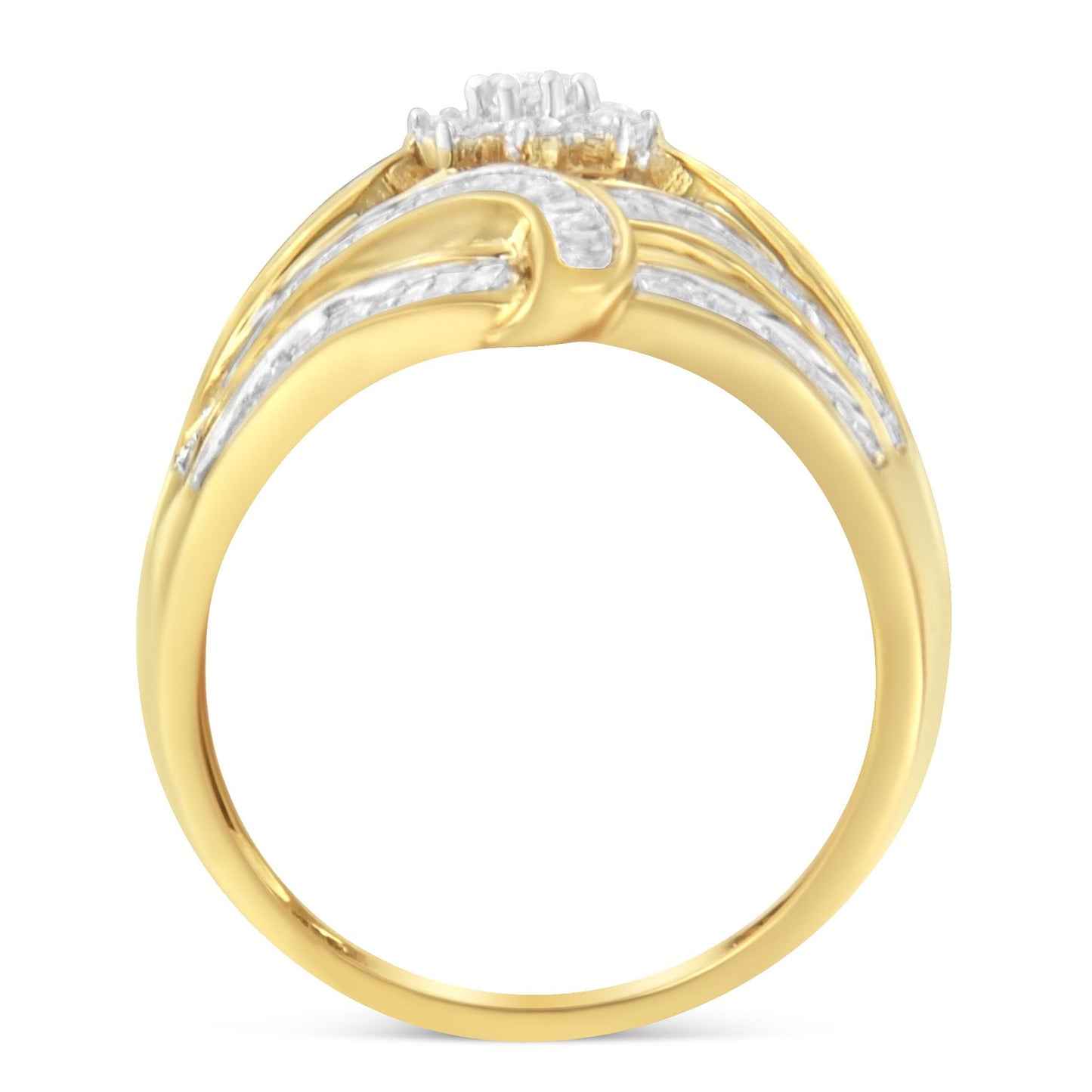 Front-facing view of a yellow metal ring featuring round white gemstones in prong settings on top and numerous baguette white gemstones in channel settings along the shoulders.