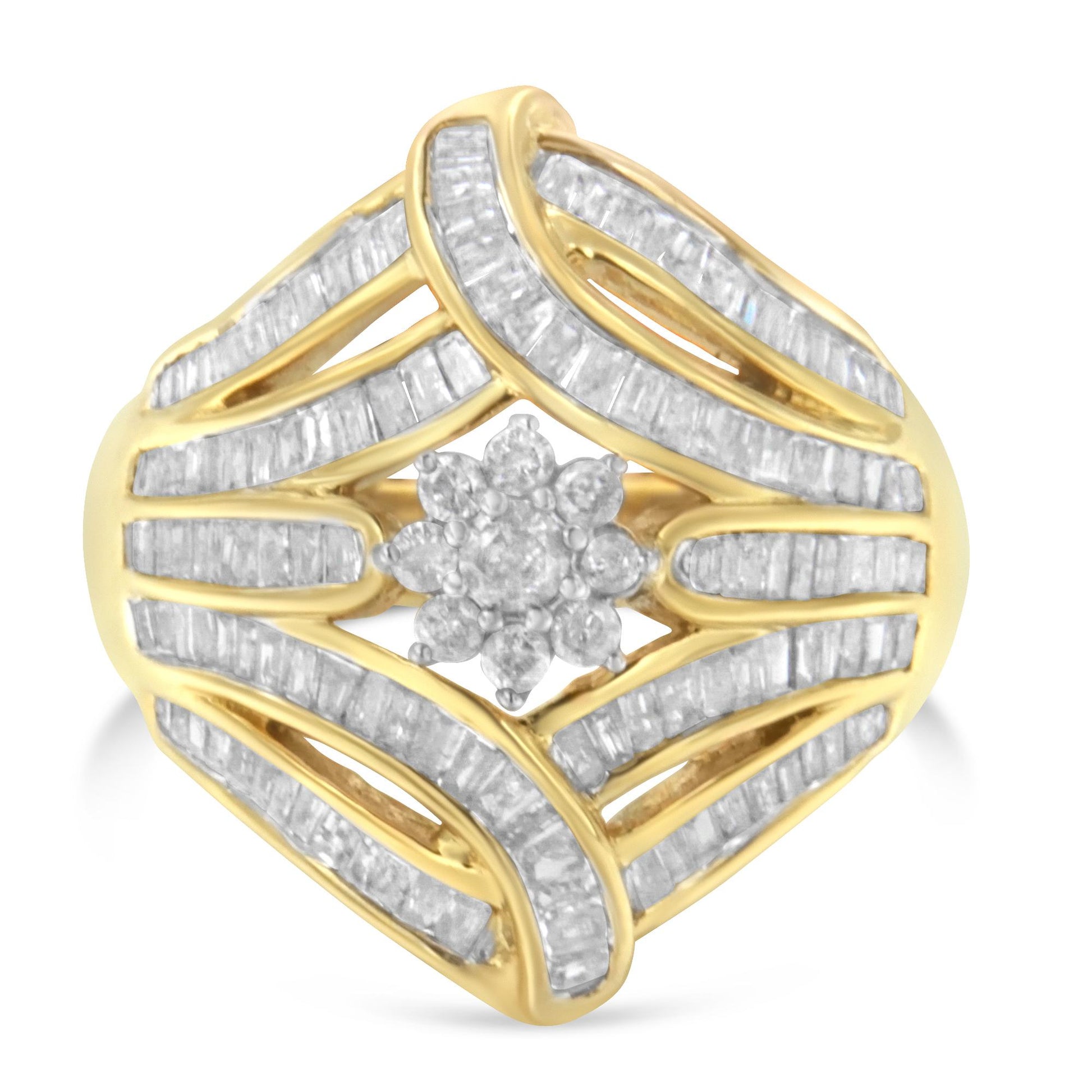 Yellow metal ring with a square-shaped design, featuring a cluster of round white gemstones in a prong setting at the center, surrounded by baguette-shaped white gemstones in channel settings. Front-facing angle.