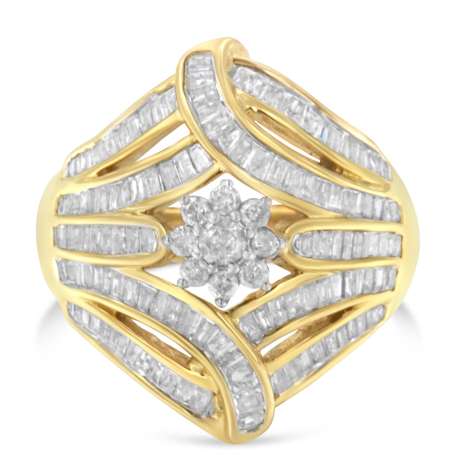 Front angle view of a yellow ring featuring a central cluster of round white gemstones in prong settings surrounded by multiple rows of channel-set baguette white gemstones.