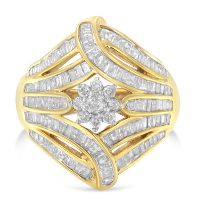 Front angle view of a yellow ring featuring a central cluster of round white gemstones in prong settings surrounded by multiple rows of channel-set baguette white gemstones.