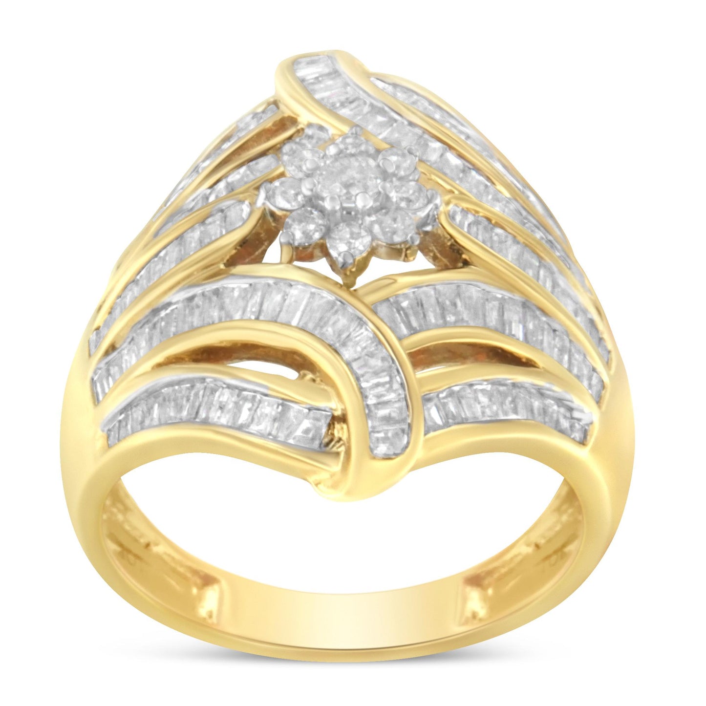 Front angle view of a yellow metal ring featuring a cluster of round white gemstones in prong settings at the center, surrounded by curved rows of channel-set baguette white gemstones.
