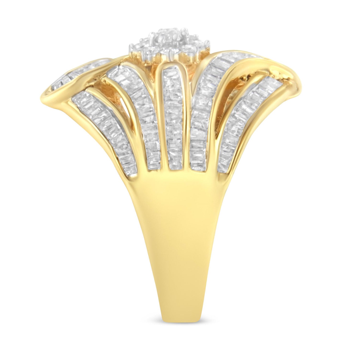Front angle view of a yellow metal ring with a fan-shaped design featuring round white gemstones in prong settings at the center and multiple rows of baguette-shaped white gemstones in channel settings radiating outward.