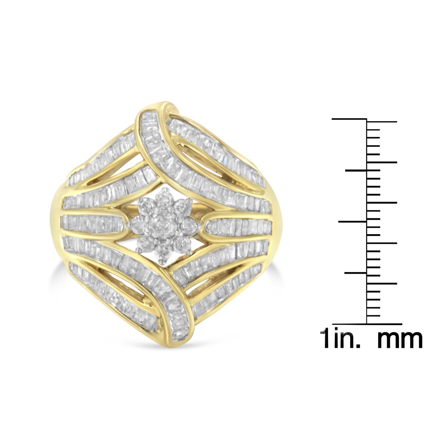 Front angled view of a yellow metal ring featuring a central cluster of round white gemstones in a prong setting surrounded by curved rows of baguette white gemstones in a channel setting, shown next to a ruler for size reference.
