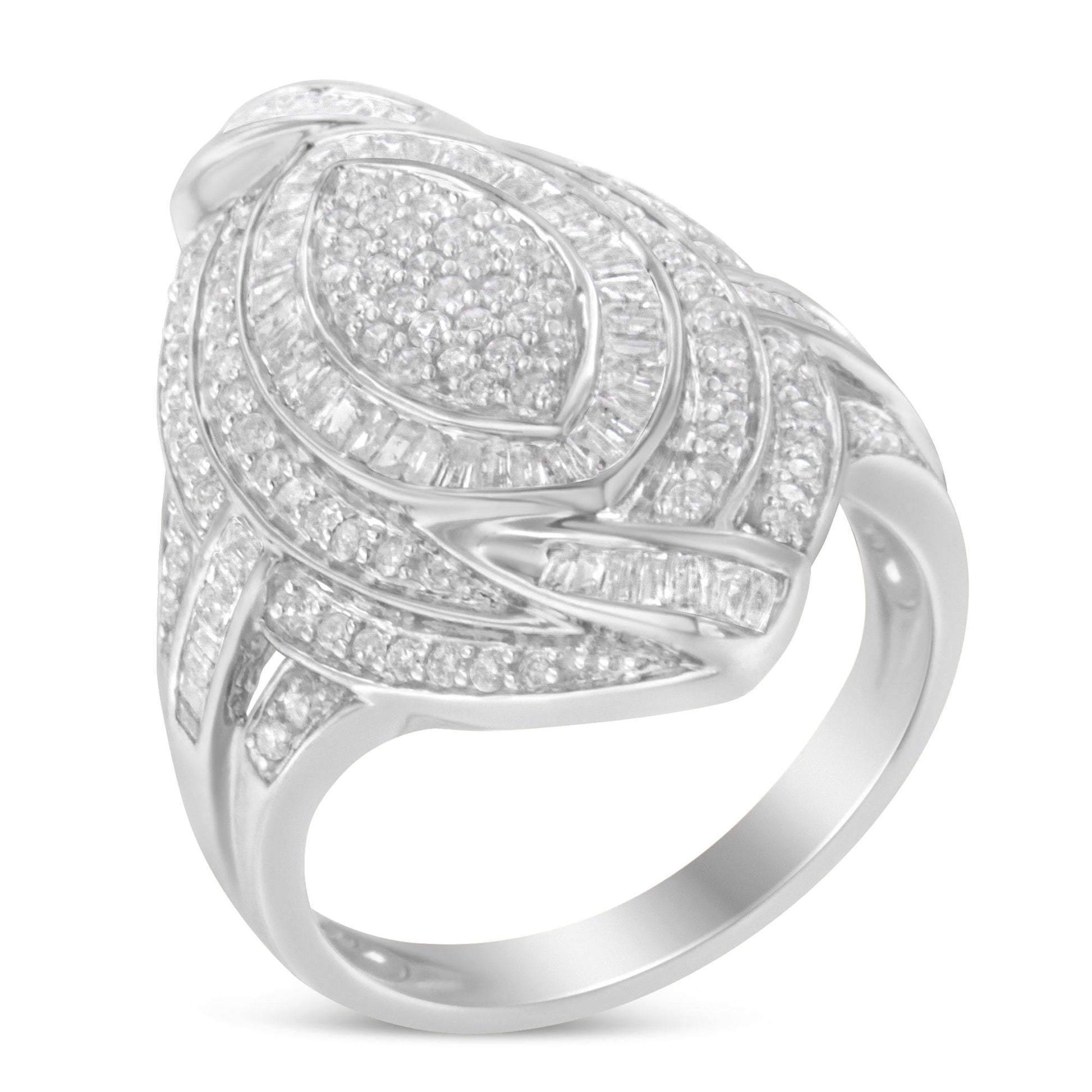 White metal ring with round and baguette white gemstones in pave and channel settings, shown at a slight angle.