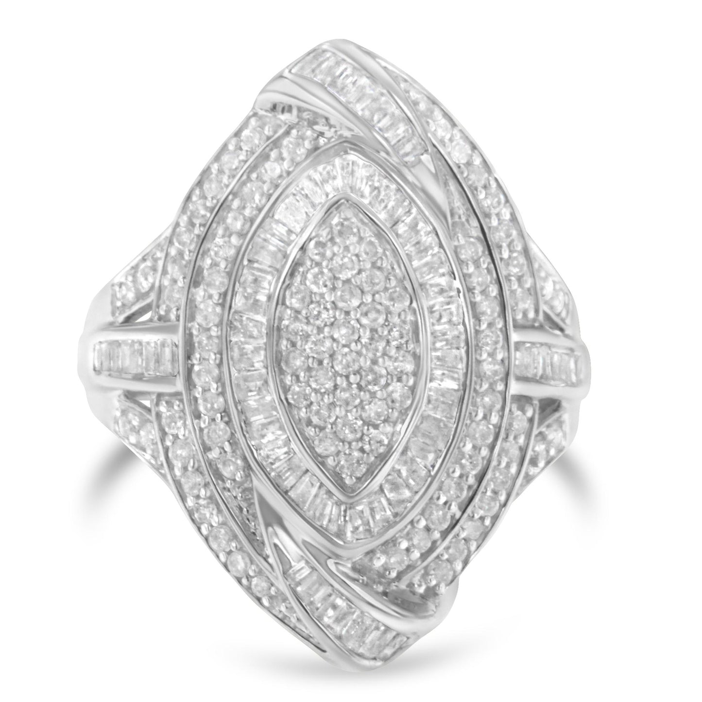 Top front angled view of a white metal ring featuring a cluster of round white gemstones in a pave setting at the center, surrounded by two marquise-shaped rows of baguette and round white gemstones in channel and pave settings.