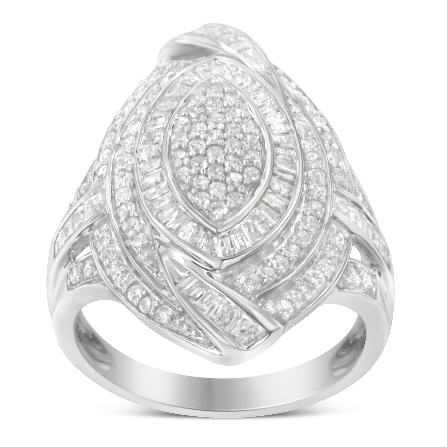 Front angle view of a white metal ring featuring round-shaped white gemstones in pave setting and baguette-shaped white gemstones in channel setting with an intricate overlapping design.