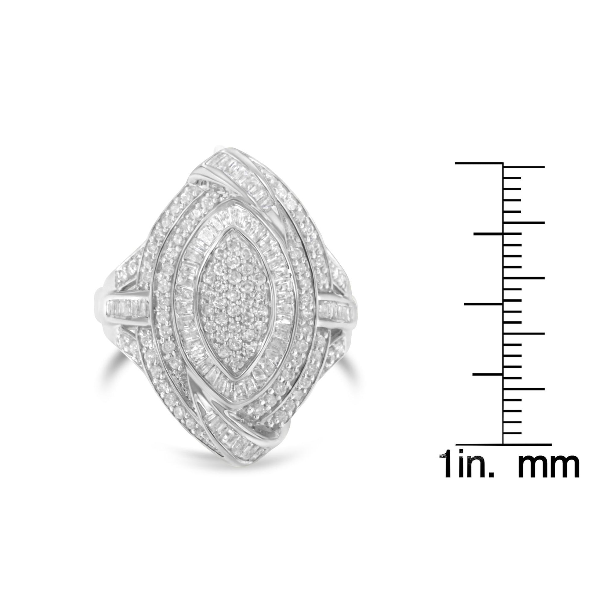 White metal ring with round pave set white gemstones and baguette channel set white gemstones, front view with a size ruler on the right.