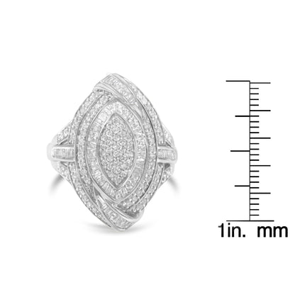 White metal ring with round pave set white gemstones and baguette channel set white gemstones, front view with a size ruler on the right.