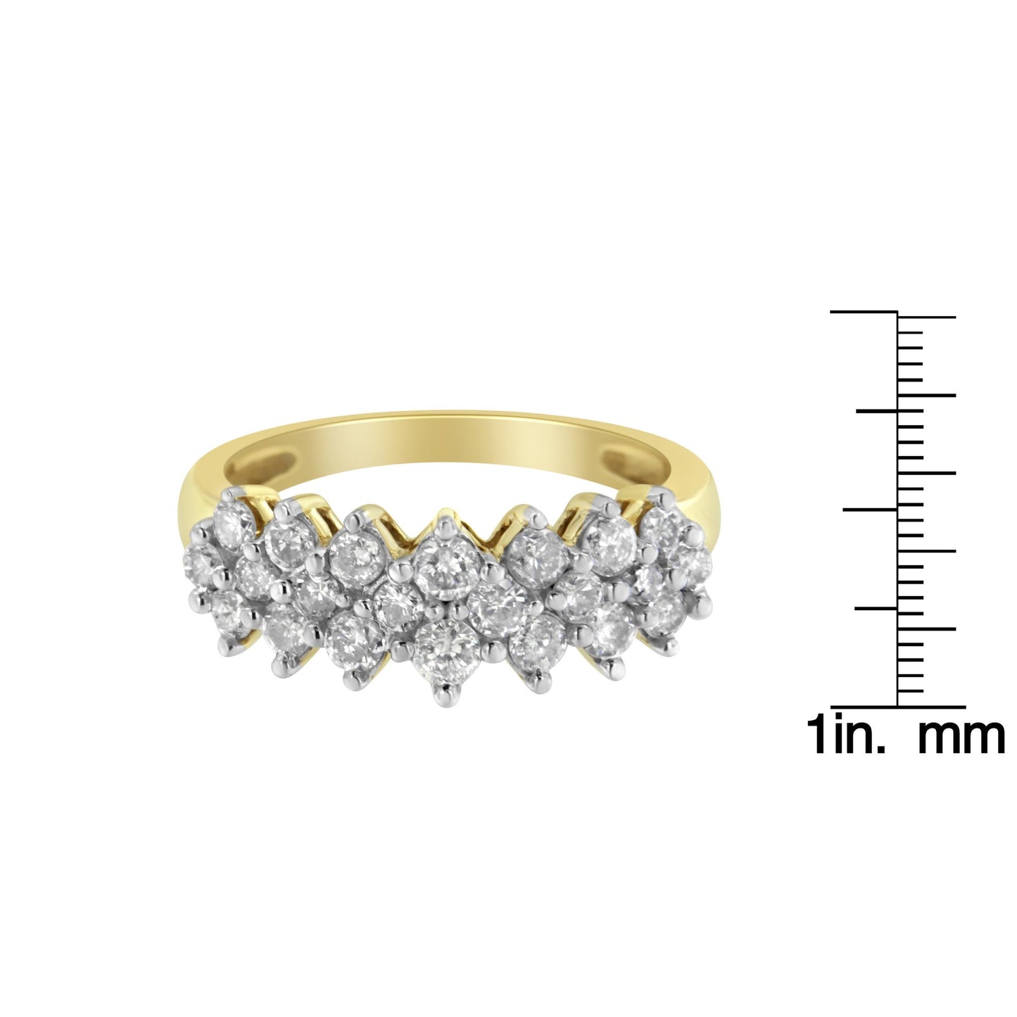 Yellow metal ring with multiple round white gemstones in prong settings across the top, shown from a front angle with a ruler for size reference.