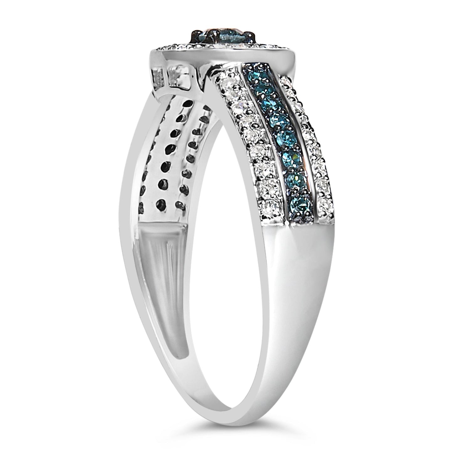 Side angle view of a white metal ring with rows of small white and blue gemstones along the band and a single blue gemstone at the top center.