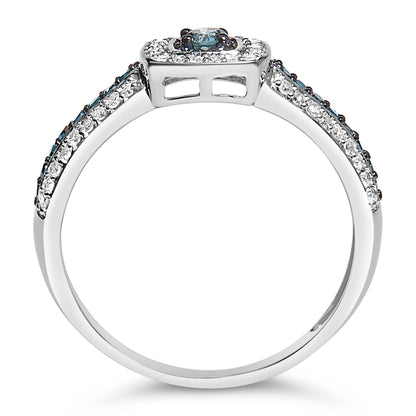 White metal ring with a central blue gemstone and smaller blue and white gemstones on the band, shown from a side angle on a white background.