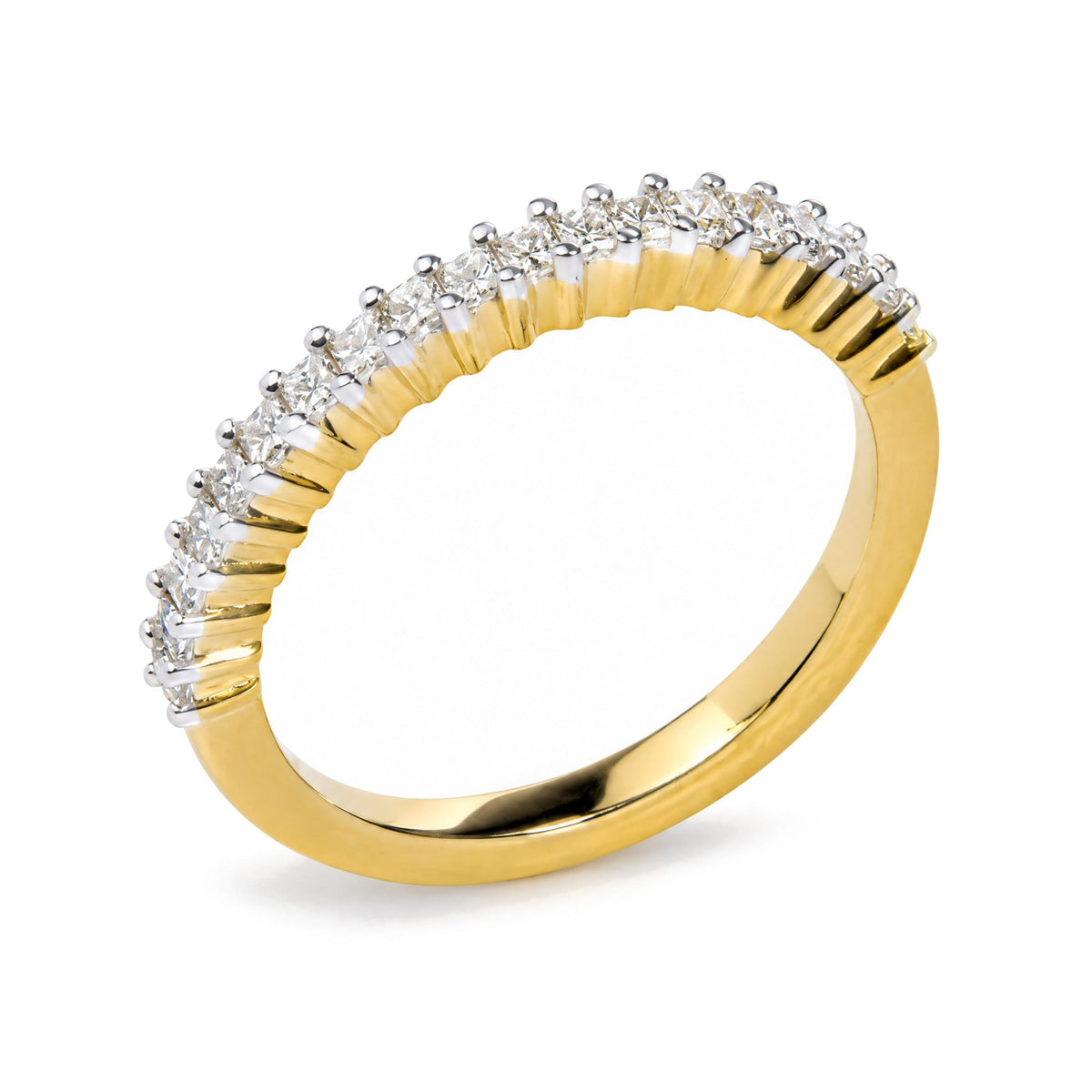 Close-up image of a yellow ring featuring a row of princess-shaped white gemstones in prong settings, shown at a slight angle against a white background.