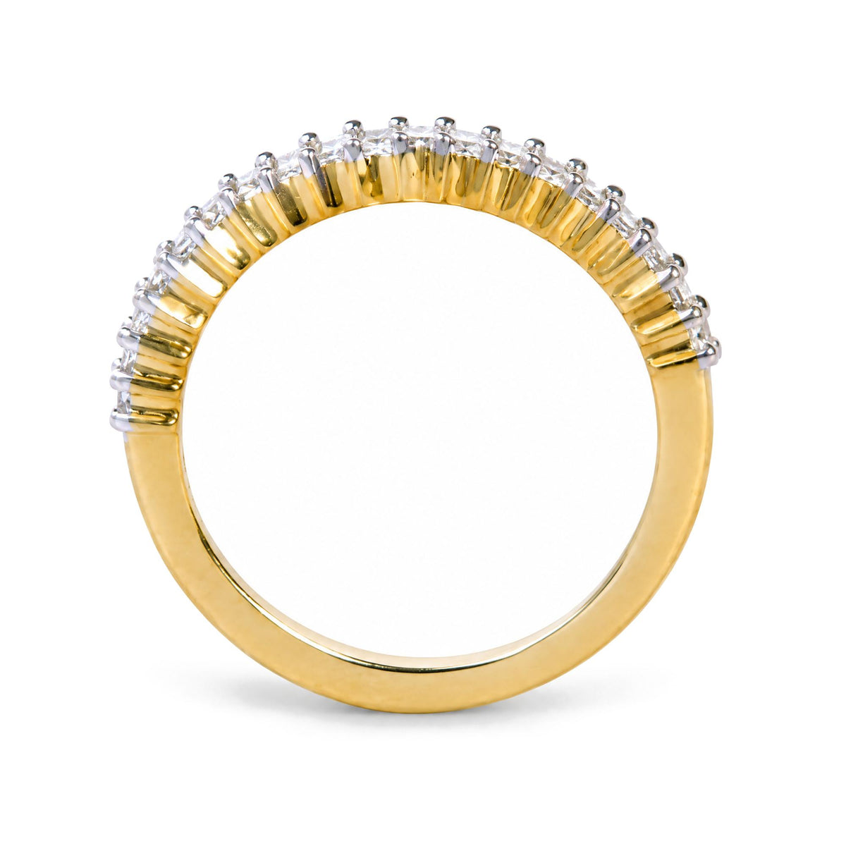 Close-up front view of a yellow metal ring featuring a continuous row of white princess-shaped gemstones set in prongs around the band.