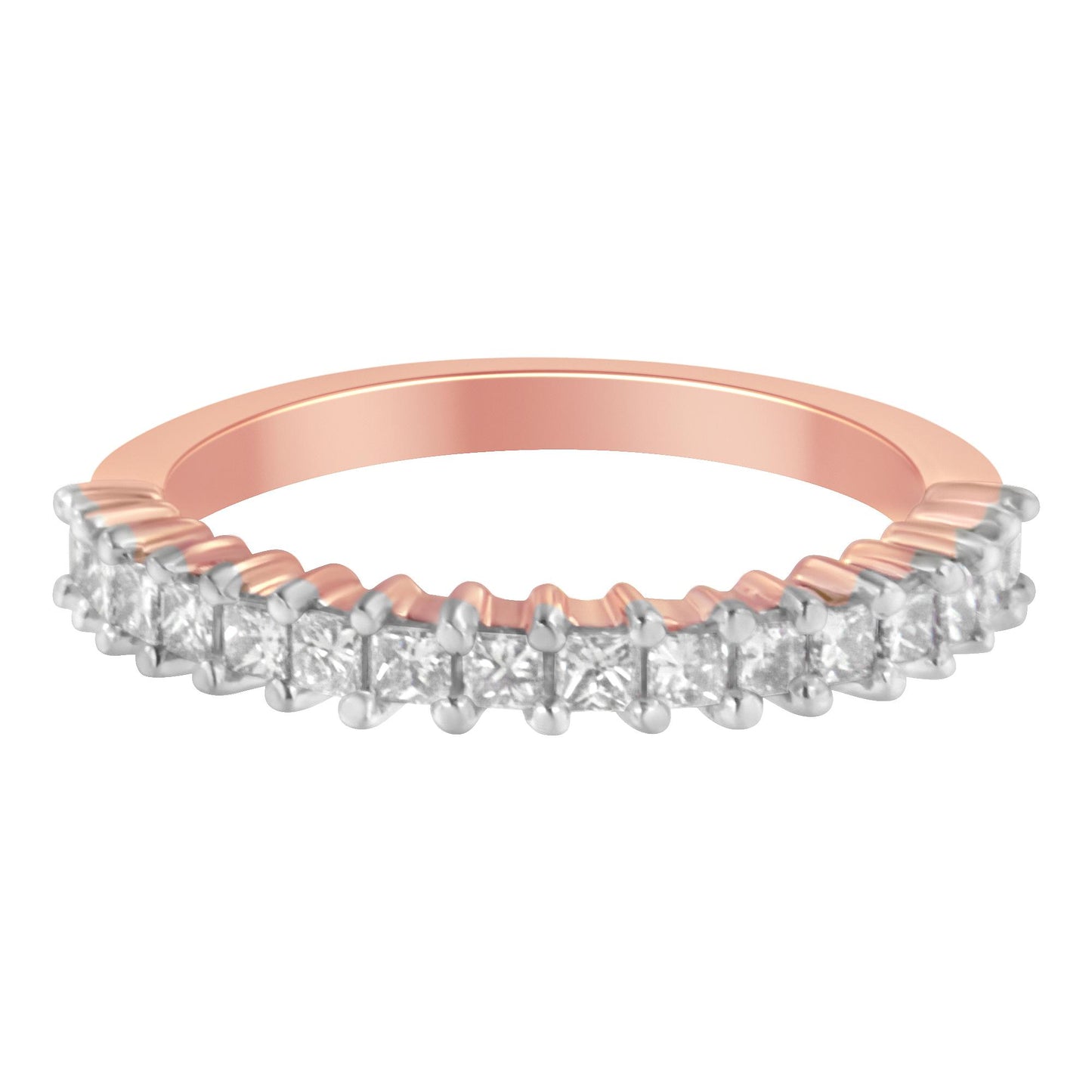 Close-up front angle of a rose-colored ring featuring a row of princess-shaped white gemstones in prong settings.