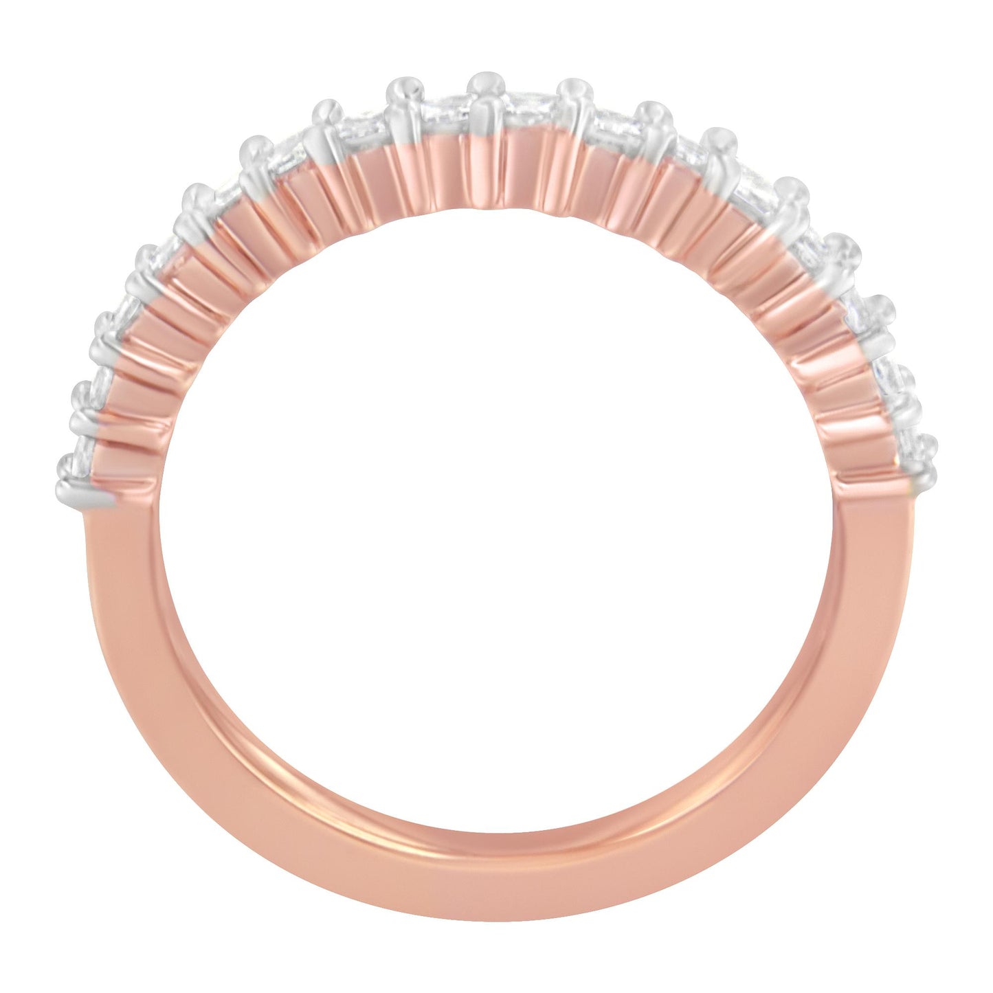 Close-up, top-down view of a rose-colored ring featuring a row of white princess-shaped gemstones in prong settings along the top half of the band.