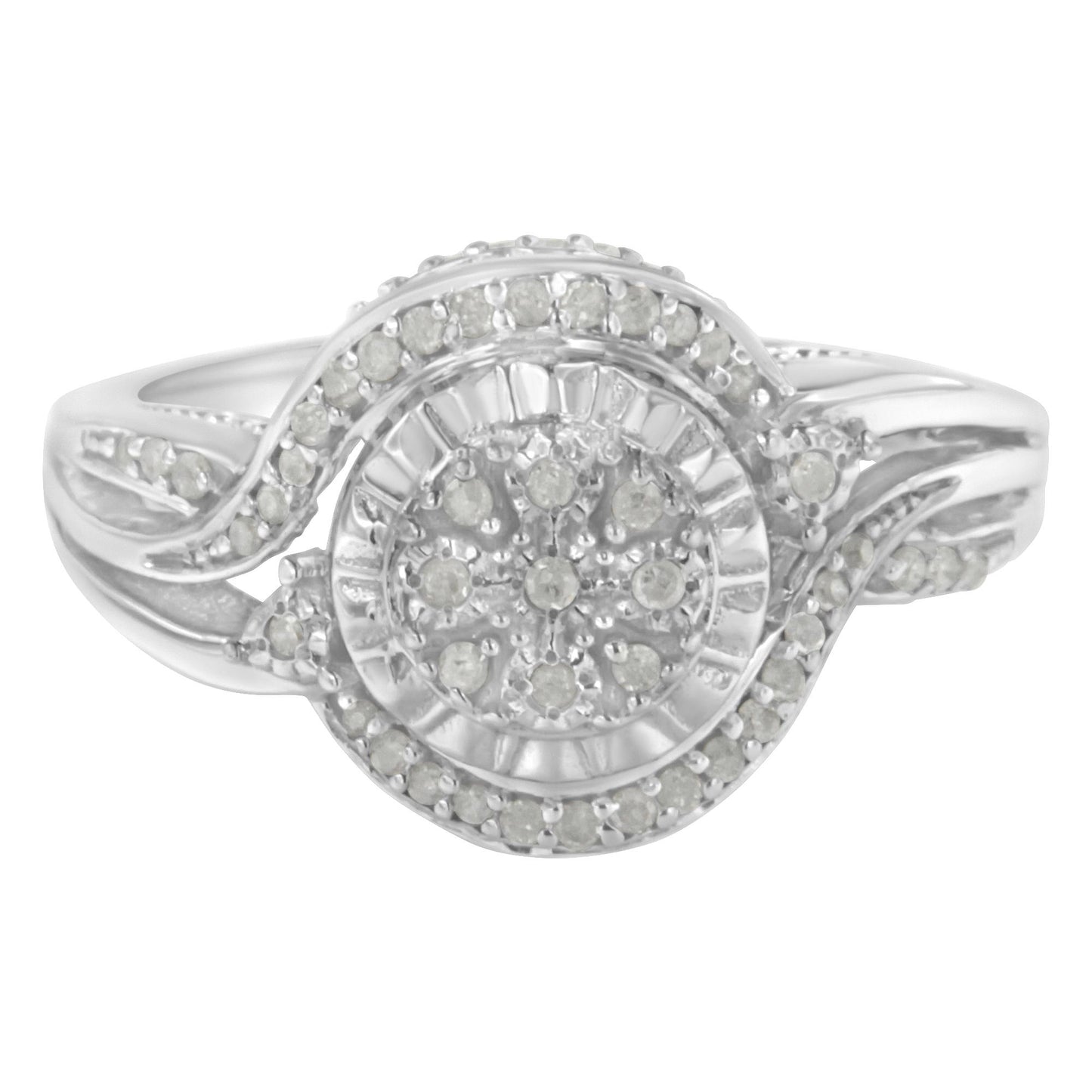 Front-facing view of a white metal ring featuring round white gemstones in a prong setting forming a circular cluster design with an elegant swirl detail.