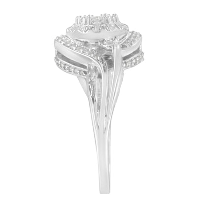 White ring with round white gemstones in prong settings arranged in an elevated cluster, shown from a side angle.