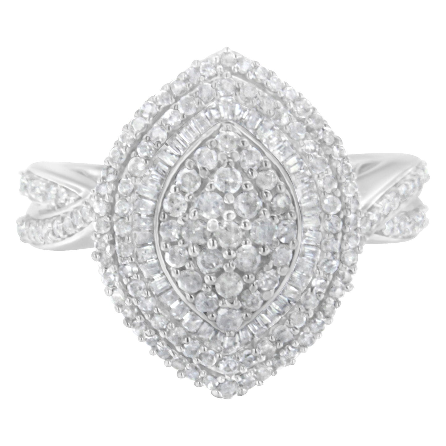 Top-front angle view of a white metal ring featuring clusters of round white gemstones in prong settings and baguette-shaped white gemstones in channel settings.