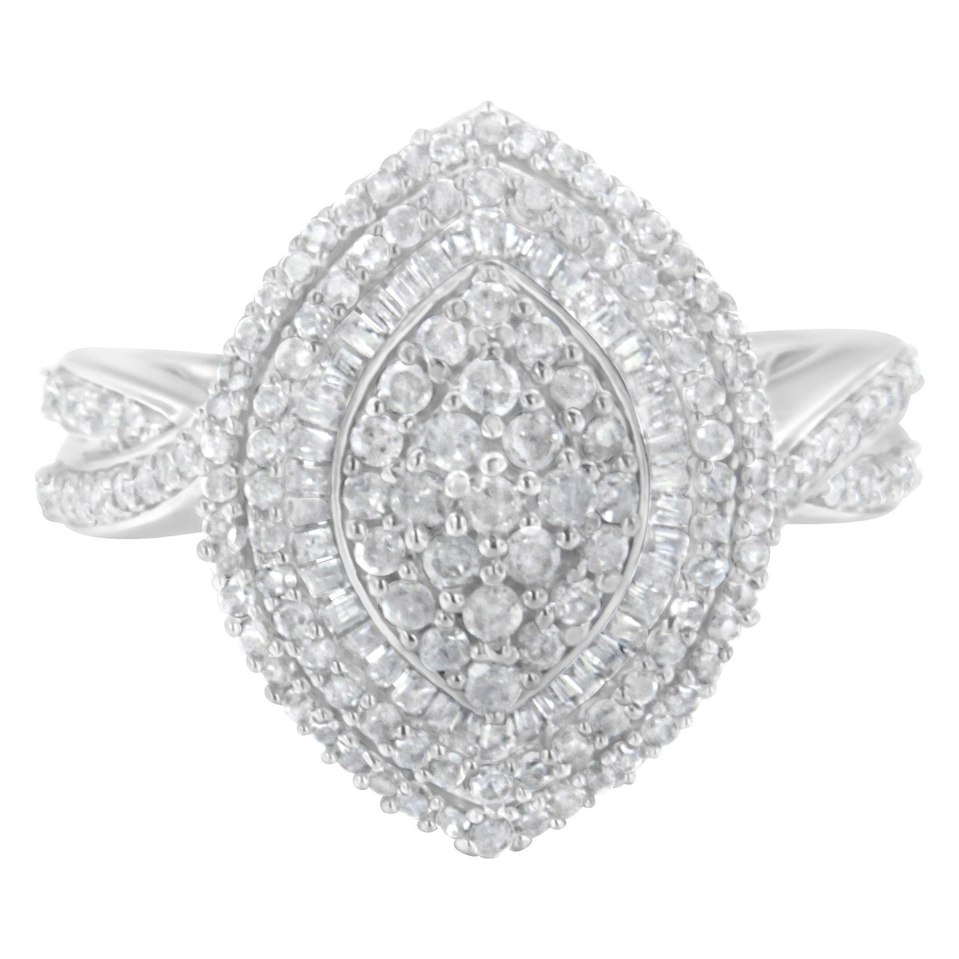 Top-front angle view of a white metal ring featuring clusters of round white gemstones in prong settings and baguette-shaped white gemstones in channel settings.
