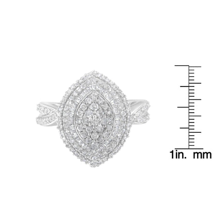 Front view of a white metal ring featuring clusters of round and baguette white gemstones in prong and channel settings, shown next to a ruler for size reference.