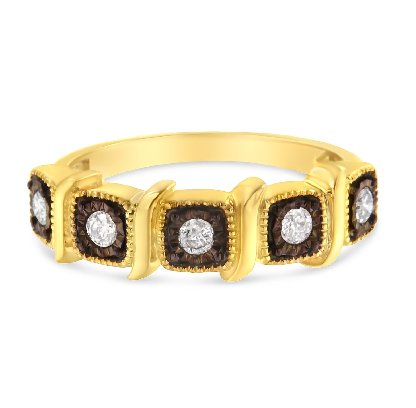 Front angle view of a yellow and black ring featuring five round white gemstones set in square settings with miracle prongs.