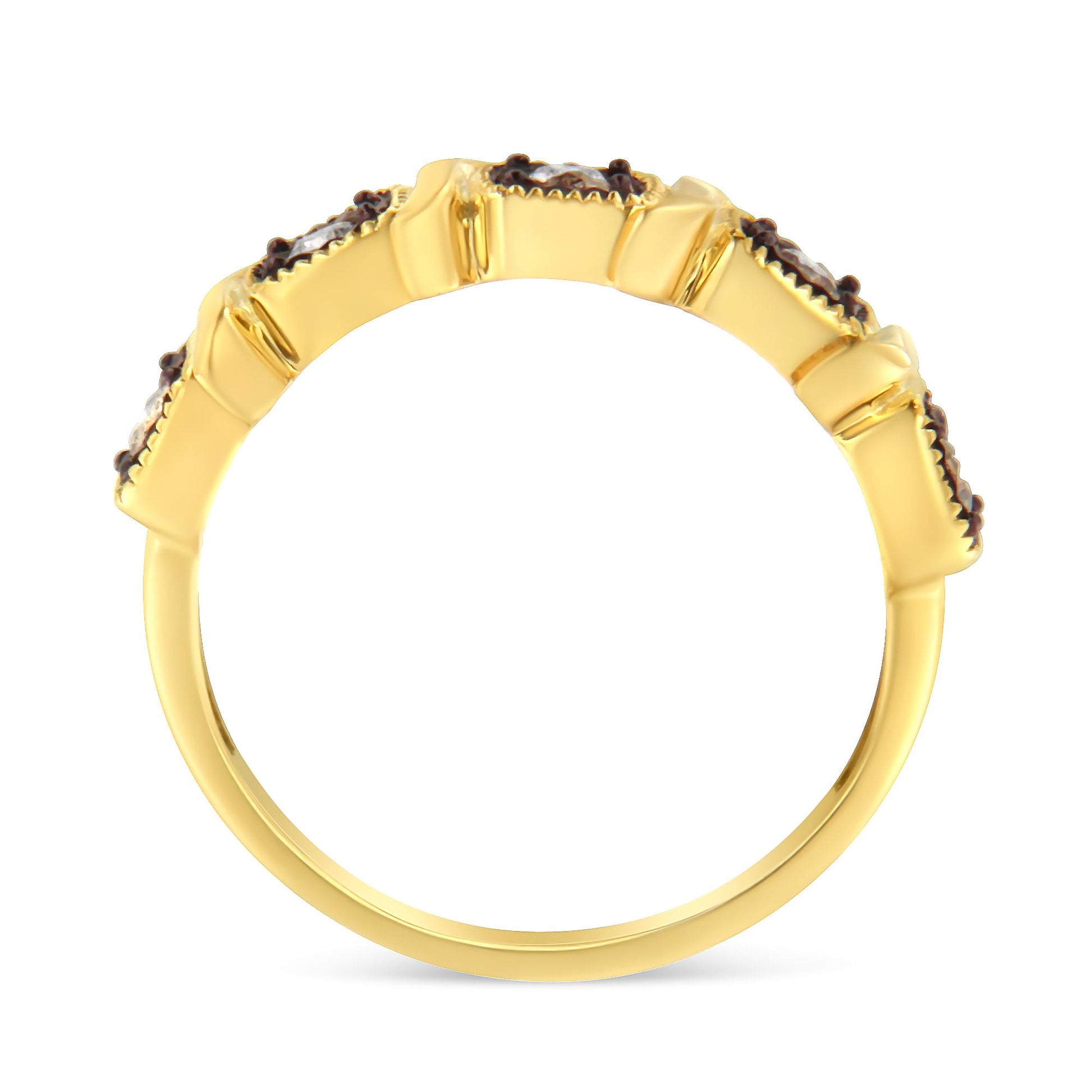 Side view of a yellow and black ring with round white gemstones in miracle settings along the band.