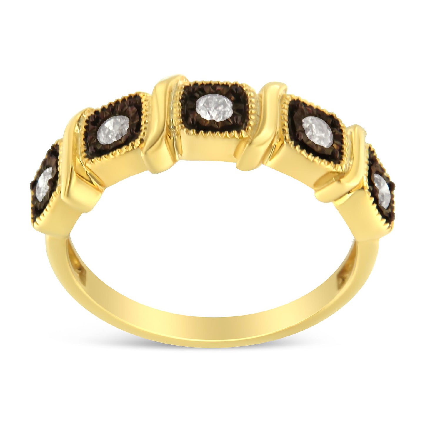Close-up front angle of a yellow and black ring featuring five white round gemstones in a miracle setting.