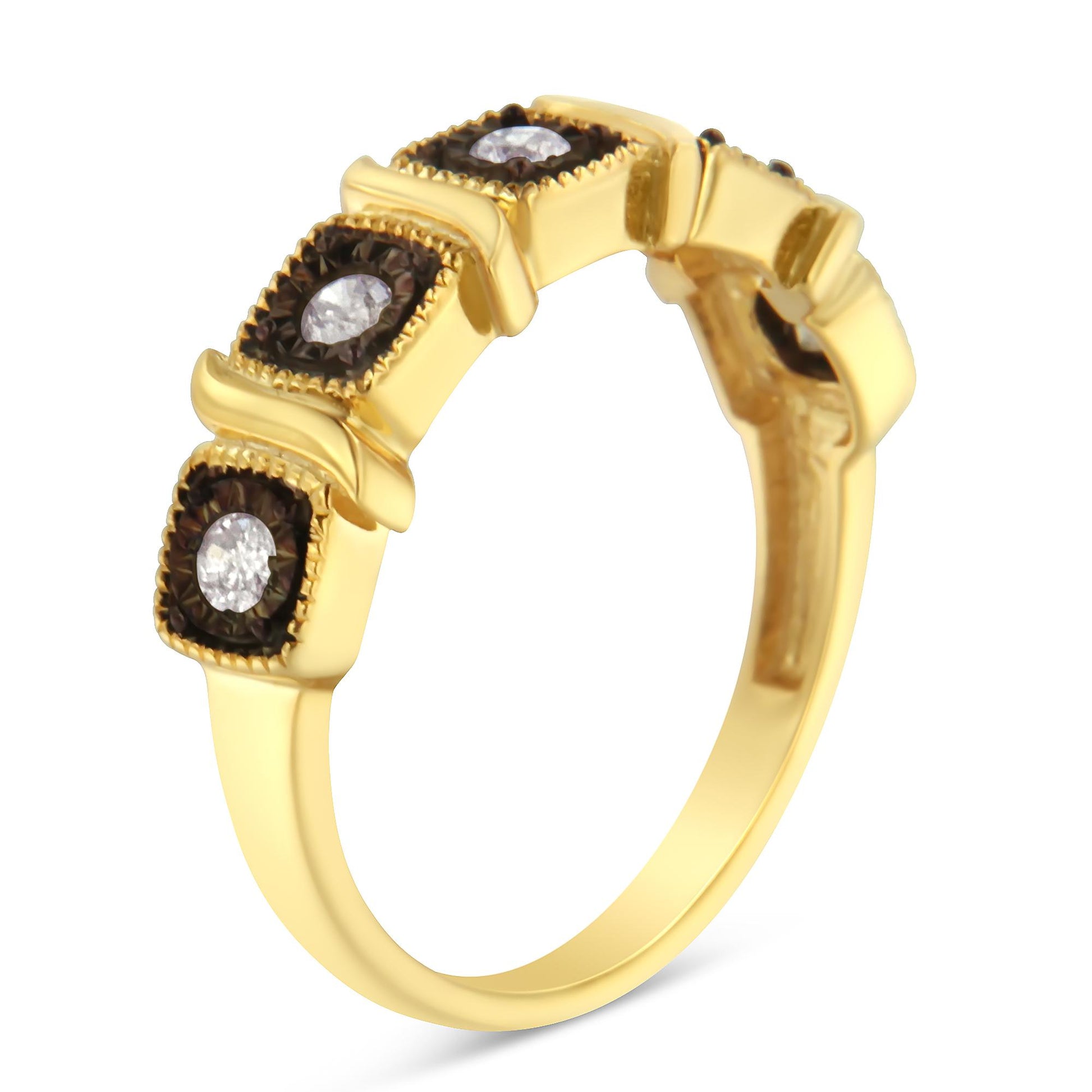 Yellow and black ring with five round white gemstones in miracle setting, shown at an angled side view.